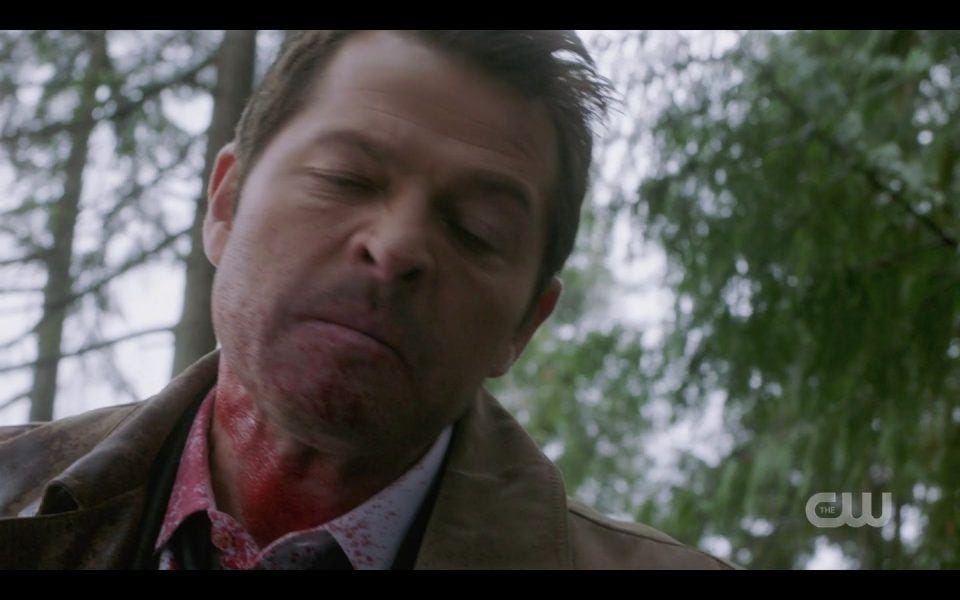 Castiel beating the heck out of a man while Mellie and son watch SPN