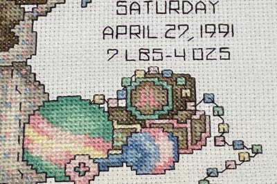 Birth Sampler: lower right detail showing birth date