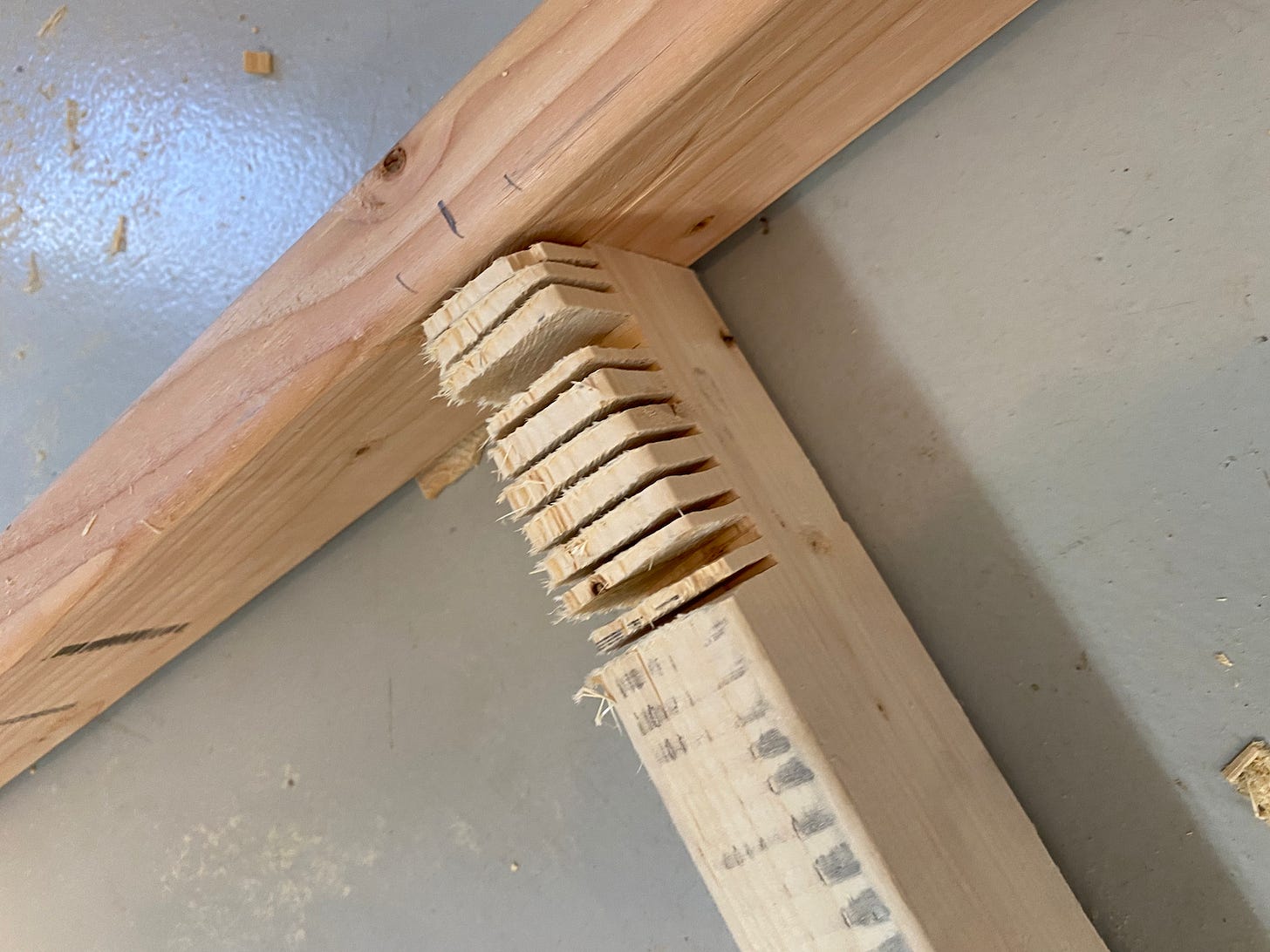 Cuts in a 2x4 piece of lumber.