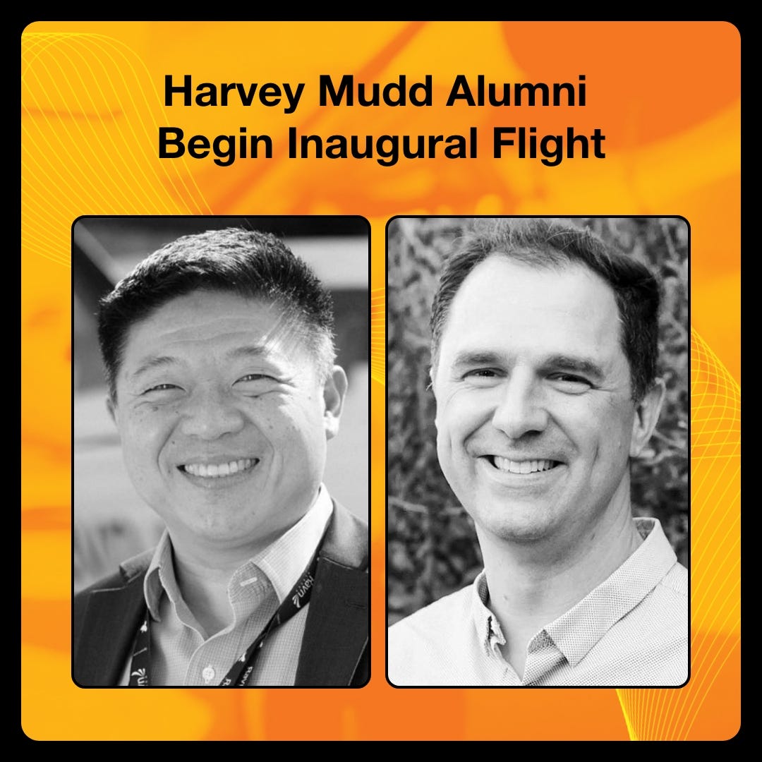 Two profile pictures of Jones and Hsieh smilling sit beneath black letters that read, "Harvey Mudd alumni begin inaugural flight."