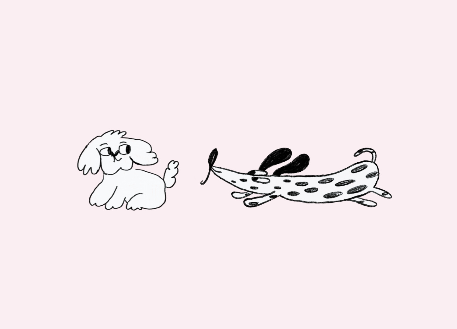 Illustration of a long spotted dog sniffing a little white dog.