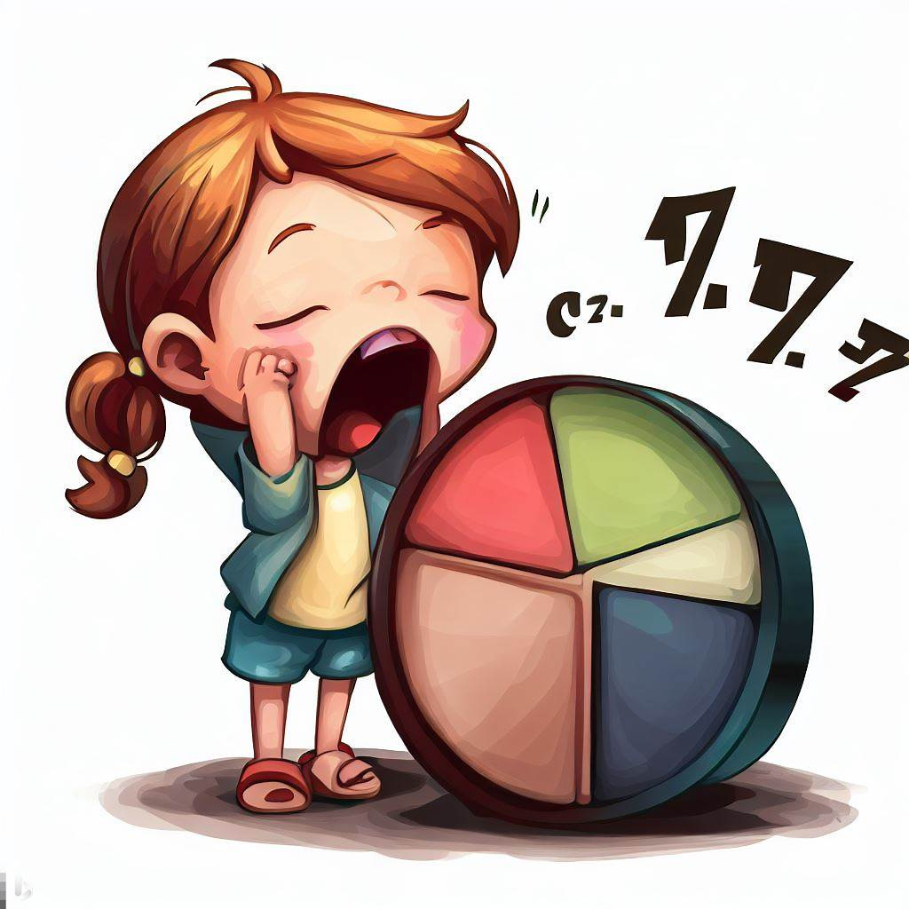 a child sarcastically yawning at a pie chart, cartoon