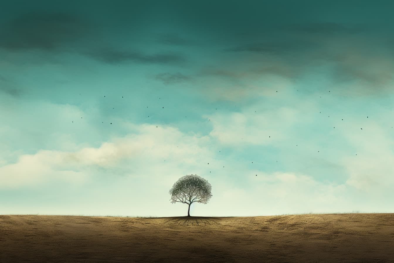 A lone tree in the distance with a dirt ground and cloudy sky