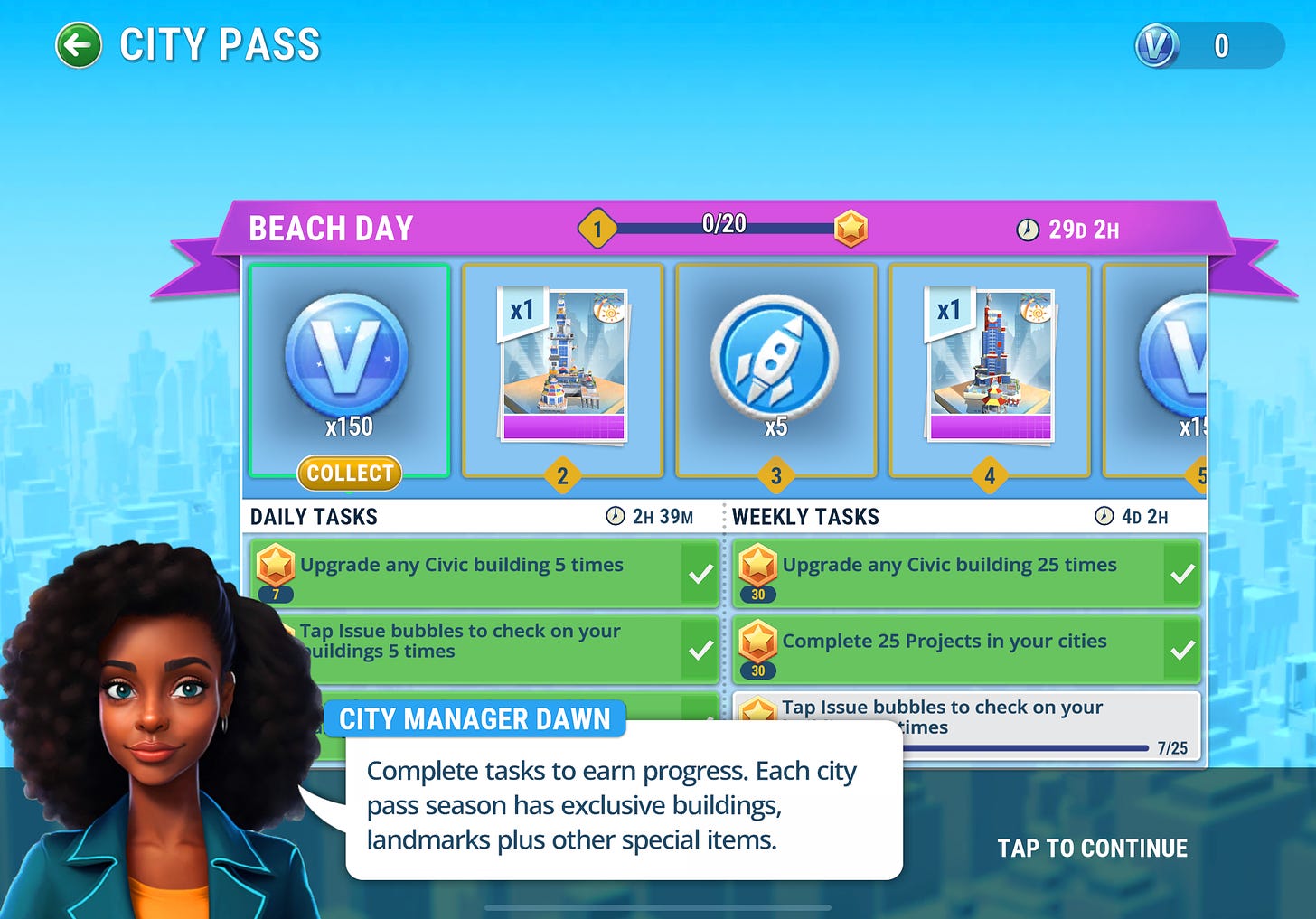 Complete tasks to earn progress. Each city pass season has exclusive buildings, landmarks plus other special items.