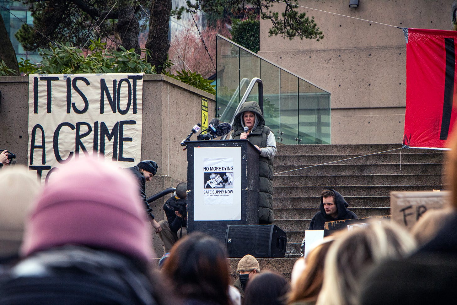 a woman stands at a podium, speaking to a crowd that is mostly blurry in the foreground. to her right (our left) a large poster hangs from a wall. it starts "it is not a crime" but the bottom is cut off. the podium in front of the speaker has a poster that says "no more dying. safe supply now"