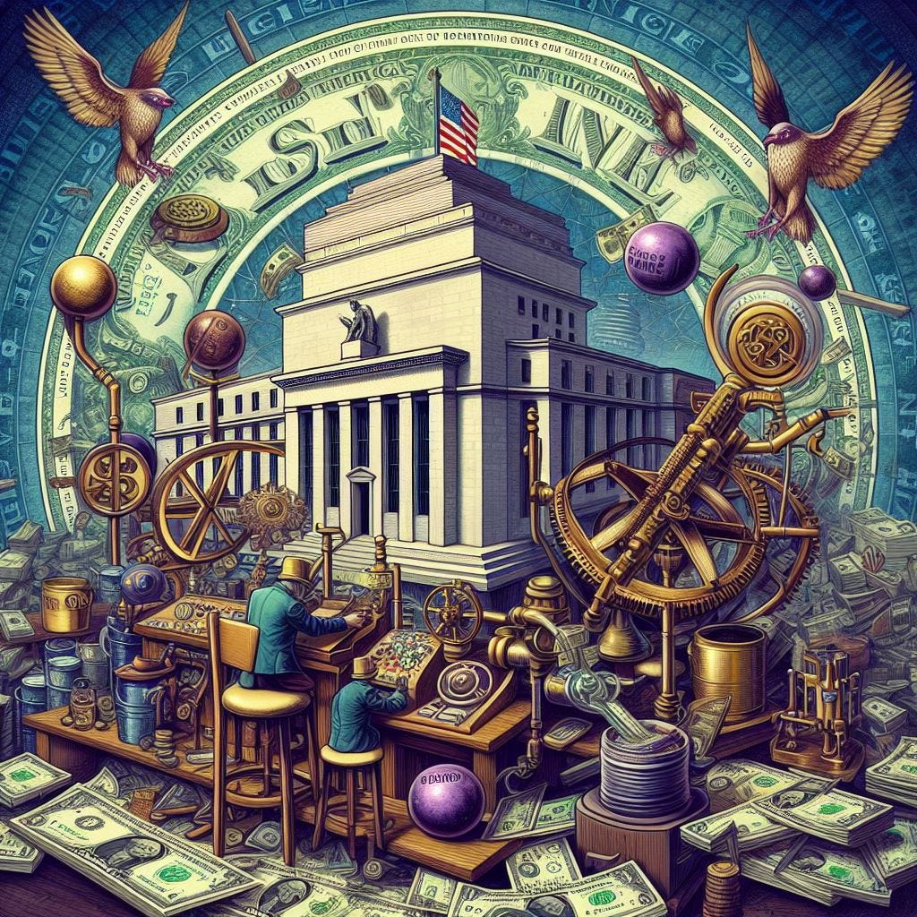 The Federal Reserve and the Mandrake Mechanism with lots of money symbols and magical illustrations