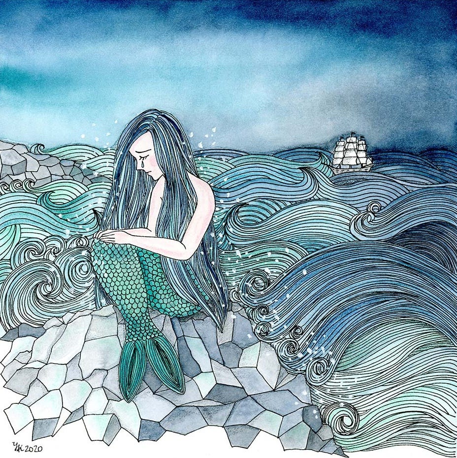 A piece created by Yumiko Kitazono in 2020. It was created with blue and green watercolors and pen/ink. A mermaid with long, blue hair sits atop a boulder with a single tear rolling from her eye. Ocean waves crash in her direction, depicted with dozens of little black ink lines. A ship sails precariously in the background, and the sky is foreboding with various shades of blue.