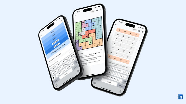 LinkedIn games render on 3 smartphone screens