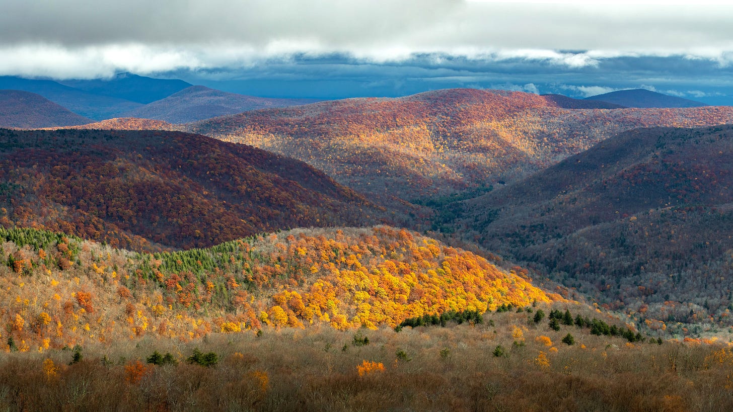 Picturesque landscape shot of the Catskill mountains in full fall foliage, clouds line the skyline as dappled sunlight kisses the hilltops 
