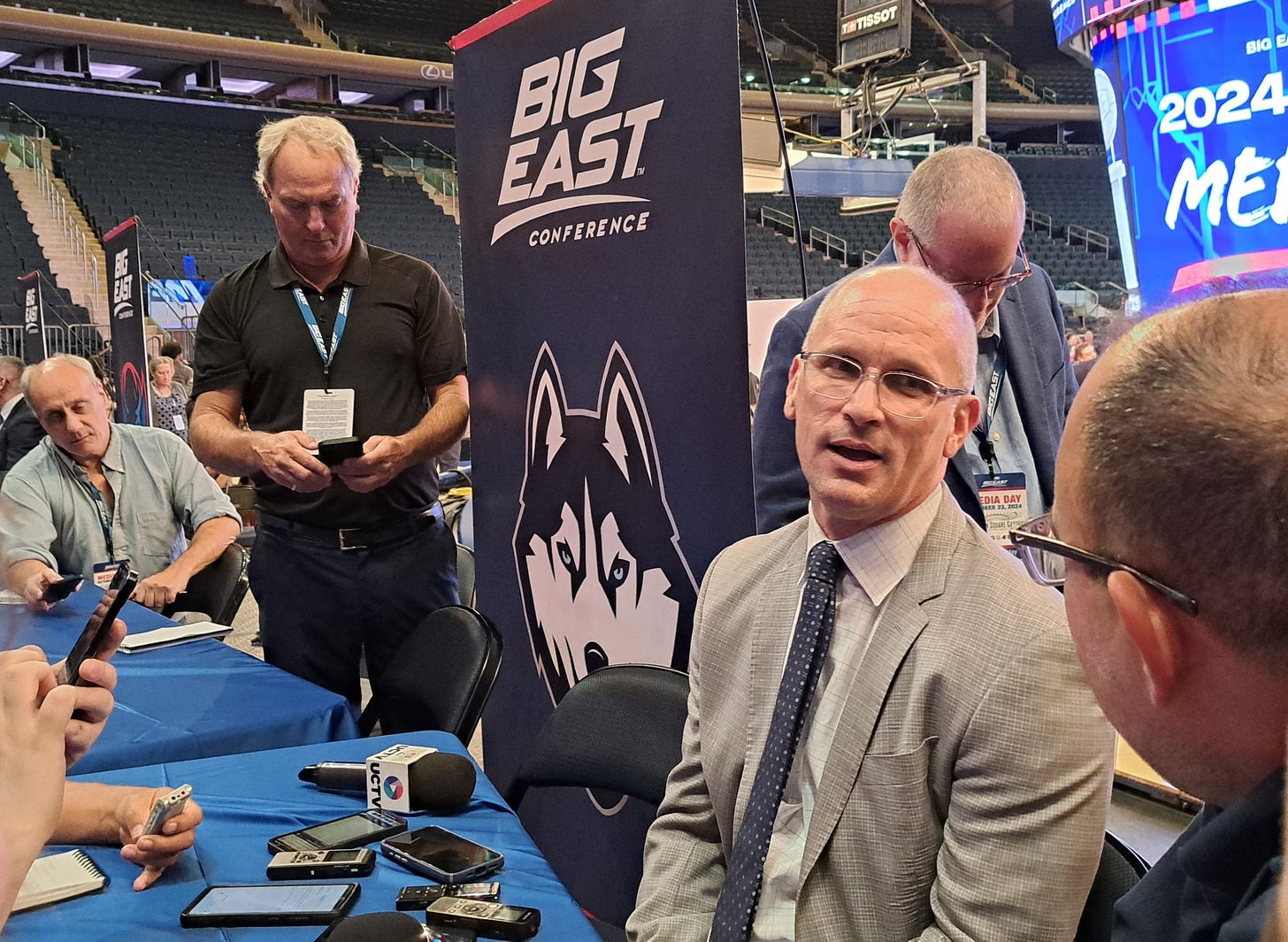 UConn coach Dan Hurley, the two-time defending national champion and a Jersey City native, speaks with reporters at Big East media day on Oct. 23, 2024. (Photo by Adam Zielonka)