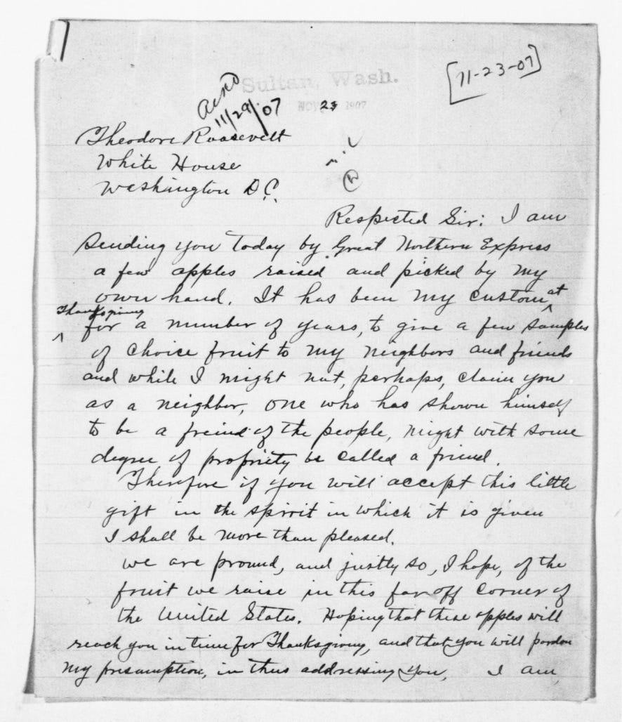 A handwritten letter from Thomas Atwood of Sultan, Washington, to Theodore Roosevelt that accompanied apples Atwood sent to Roosevelt