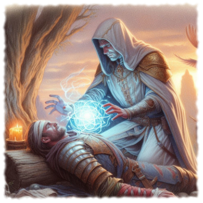 Cleric using magic to heal an injured adventurer