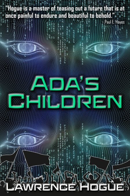 Photo showing the cover of the sci-fi novel Ada's Children, with an "AI face" looming over a crowd of people