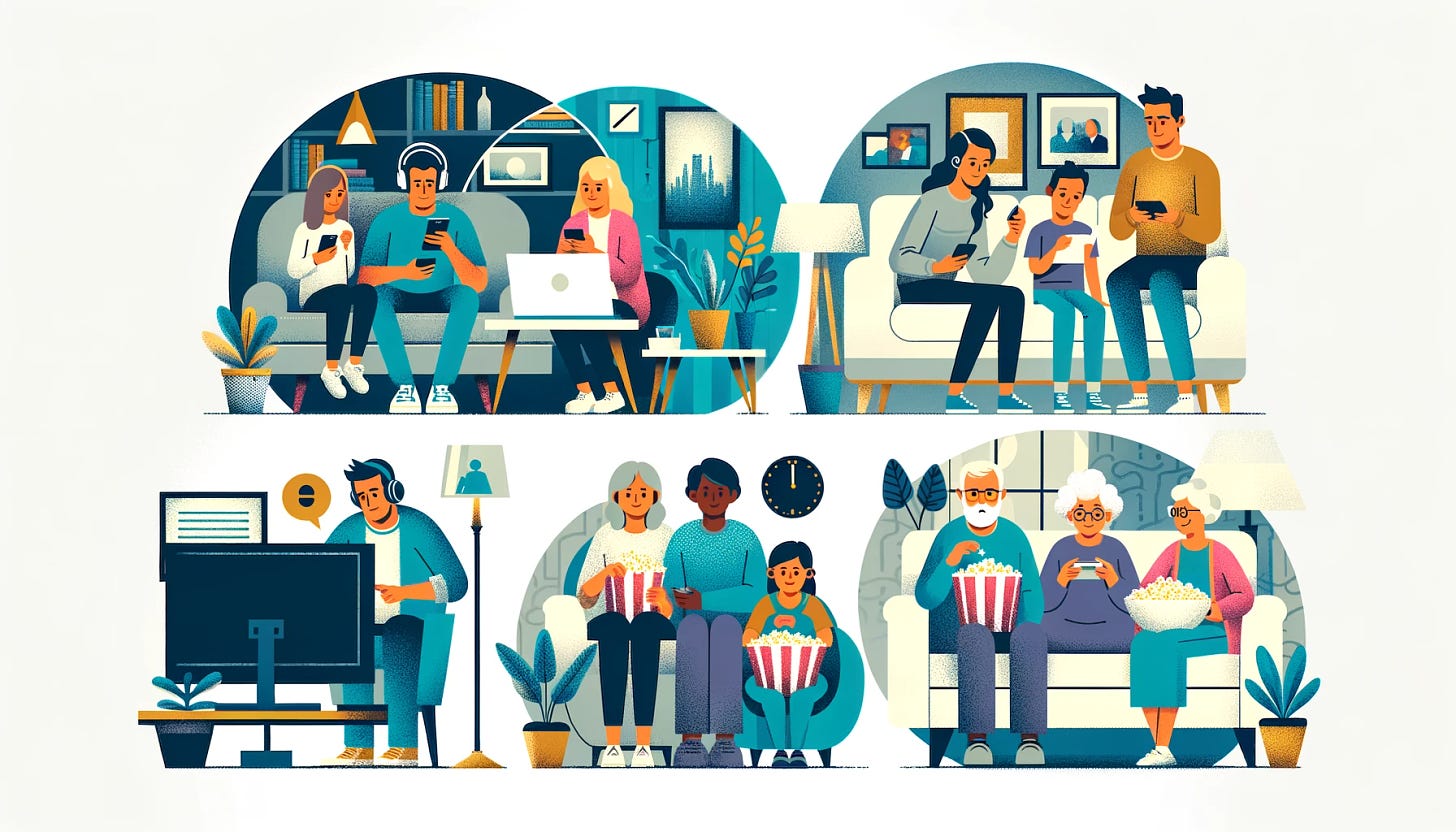A diverse group of people representing customer archetypes for a streaming video platform: 1. A tech-savvy millennial watching content on a smartphone, headphones on, in a modern coffee shop setting. 2. A family (parents and two children) gathered on a cozy couch with popcorn, watching a family movie on a large TV in a living room. 3. A student in a dorm room, surrounded by books, watching on a laptop. 4. An elderly couple comfortably watching a classic film on a tablet in a cozy, well-decorated living room. Each group is depicted in their own bubble, showing their unique environments and preferences.