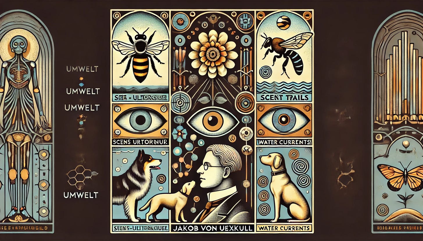 A stylized 1920s retro illustration inspired by Jakob von Uexküll's concept of Umwelt. The image features various animals, including a bee, a dog, a fish, and a bird, along with a man, each depicted with their unique perceptual world. The bee sees flowers in ultraviolet, the dog perceives scent trails, the fish senses water currents, and the bird navigates through air patterns. The man's Umwelt includes books, machines, and abstract symbols. The illustration has an Art Deco aesthetic with intricate patterns, vintage textures, and a muted color palette reminiscent of early 20th-century scientific diagrams.