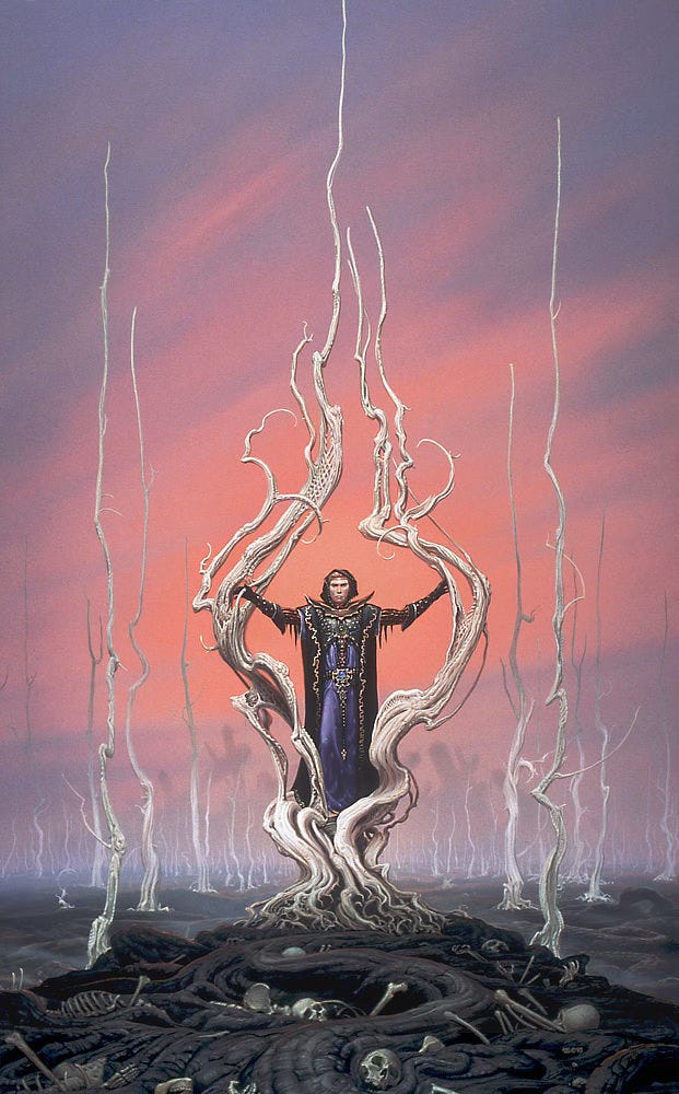 A menacing figure stands on the husk of a dead alien tree in a bleak wasteland. He's dressed in ornate purple and black robes with hood drawn up. His gloved hands reach out to the bone white limbs that frame him. The ground is black and strewn with human bones. The sky is a mix of acidic orange and gray-purple.