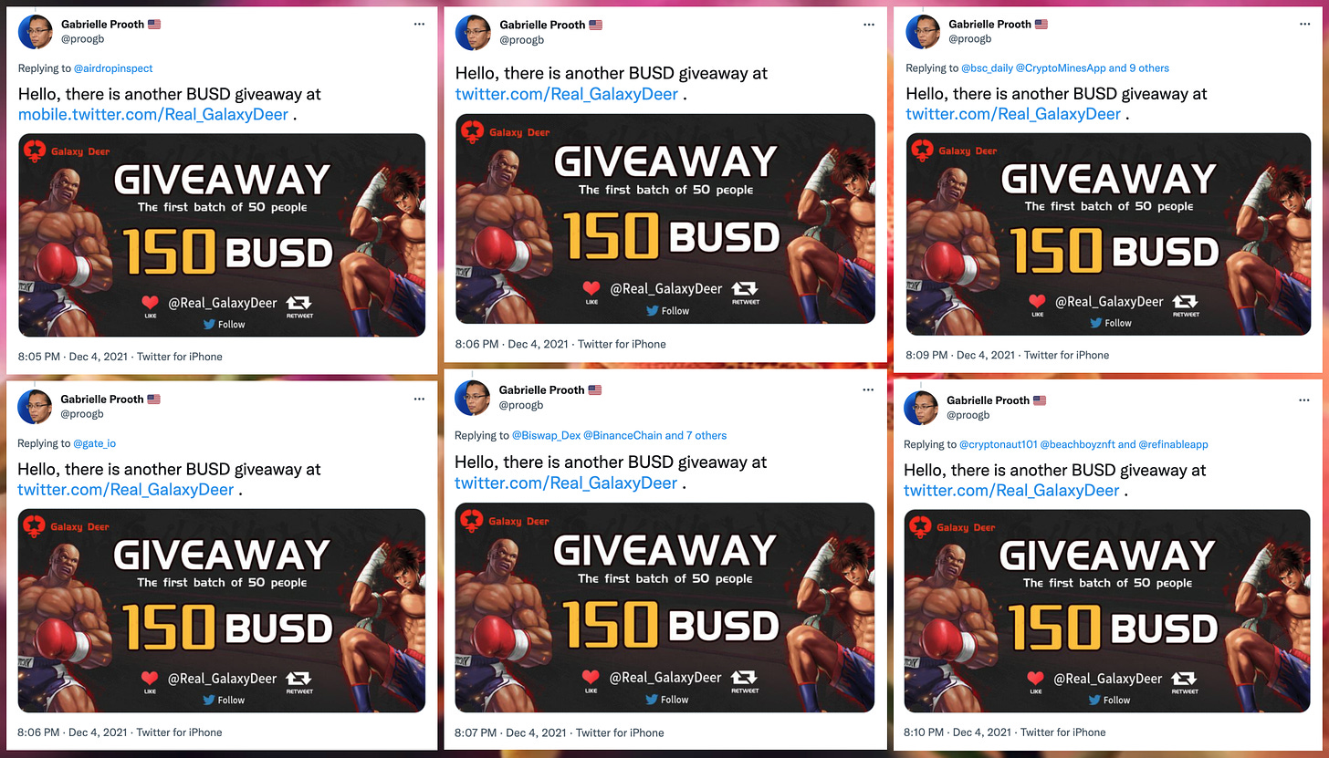 collage of tweets with the text "Hello, there is another BUSD giveaway at twitter.com/Real_GalaxyDeer"