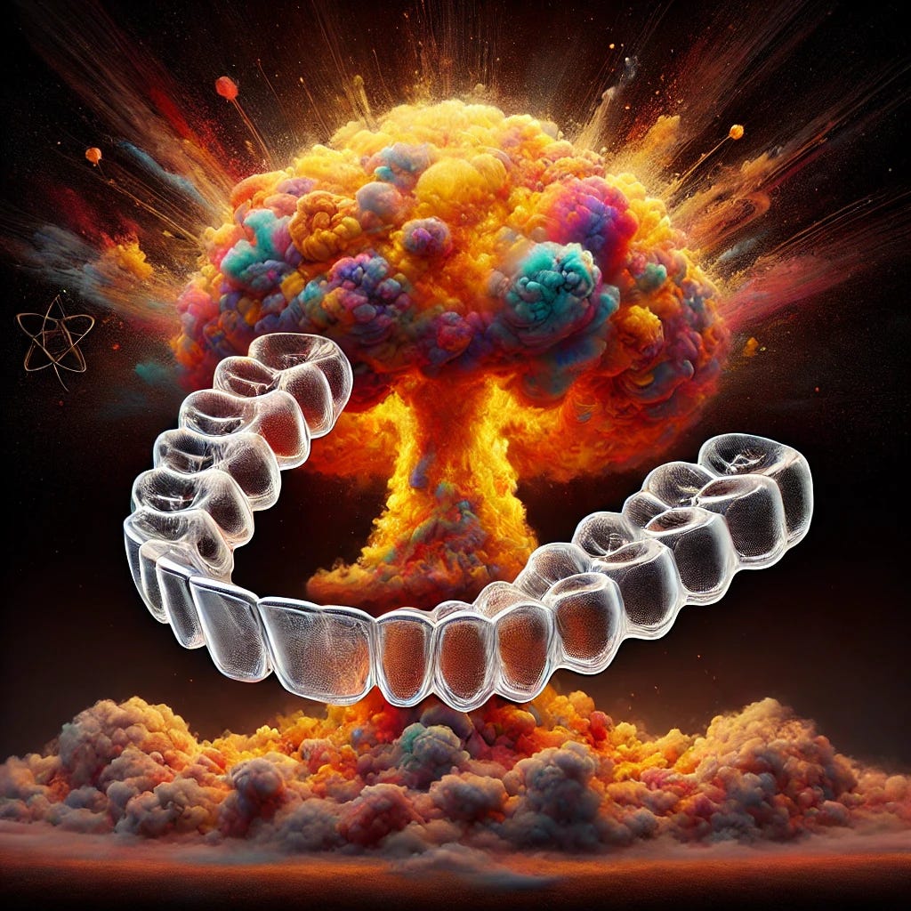 A surreal artistic depiction of clear Invisalign aligners transforming into an atomic explosion. The aligners are large, semi-transparent, and detailed, positioned at the center, with the explosion emerging dramatically above them in vibrant fiery colors like orange, red, and yellow, blending into smoky clouds. The base of the explosion resembles dental impressions, creating a fusion of dental and atomic imagery. The background is dark and ominous to highlight the explosion and aligners prominently. The style is vivid and imaginative, with a focus on creating an abstract representation of the concept.