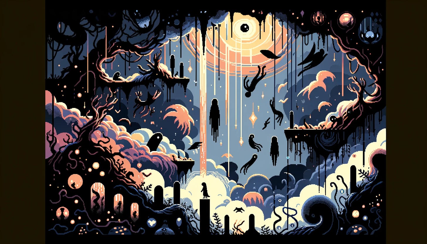 Create a 16-bit style video game cutscene with a simpler, more abstract design, focusing on a theme inspired by the essence of a poem titled 'IN B (HIVE)'. The scene should evoke a sense of bewilderment and enchantment, using basic shapes and a limited color palette. Imagery includes abstract representations of falling, loss, and being overwhelmed, all under a spell-like influence, with elements that suggest a mystical or bewitched atmosphere. Characters, if present, are mere silhouettes, embodying feelings of betrayal, bereavement, and confusion. The scene uses darker tones to convey a mood of being beleaguered and besmirched, with occasional bright spots or eerie glows representing beguilement and enchantment amidst despair.