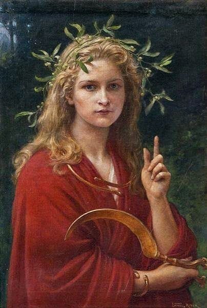 Women blonde in a red cloak wearing a wreath on her head and carrying a sickle