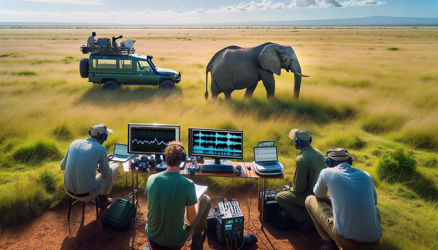 Dall-e3 prompt : "An African savanna elephant in Amboseli National Park, Kenya, communicating using low-frequency sounds in a vast grassland. Researchers, equipped with sophisticated recording equipment and laptops, are analyzing the elephant's vocalizations, displayed as spectrograms on their screens. In the background, a small green jeep is parked. The scene is serene and sunlit, showcasing a blend of technology and nature as scientists work to decode the secrets of animal communication. The atmosphere is one of discovery and coexistence between humans and wildlife."