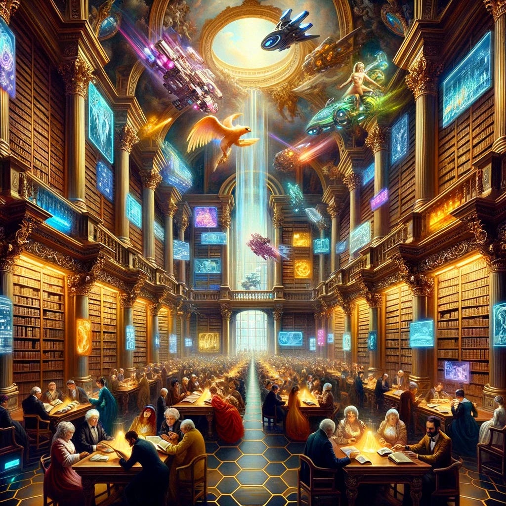 Inside a grand library, individuals engross themselves in ancient texts and futuristic displays. Holograms of well-known science fiction figures and scenes come alive amidst their discussions, while the ornate ceiling merges neon hues with traditional Baroque gold.