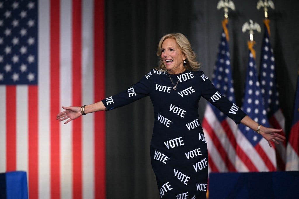 First lady Jill Biden makes a statement in 'Vote' dress after debate