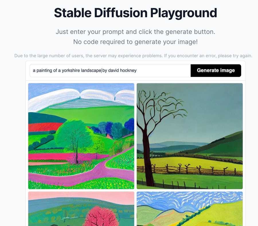Screenshot of the Stable Diffusion generation website showing the prompt 'a painting of a yorkshire landscape by david hockney' and beneath four Hockney-esque images of a landscape.
