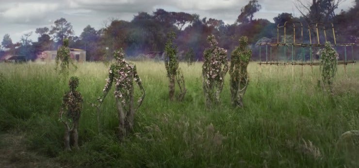A still from Annihilation of flower-covered humanoid figures