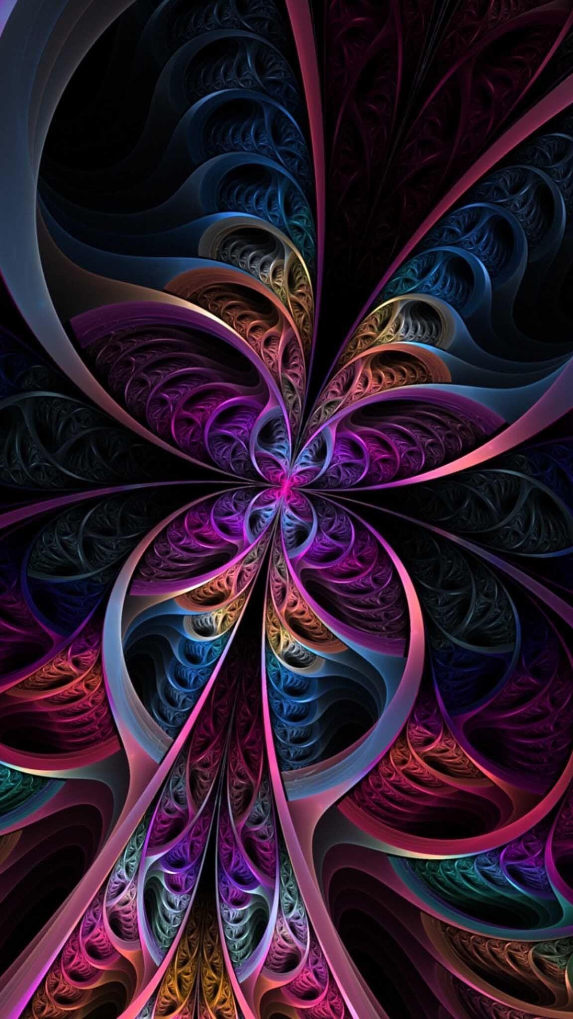 A graceful fractal image shaped like a butteryfly, with all the colors of the rainbow