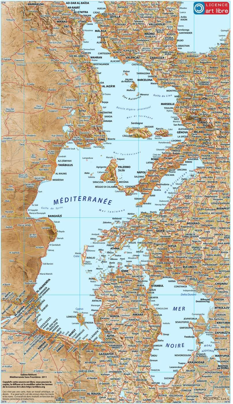 Map of the Mediterranean shifting around 90 degrees, so the Strait of Gibraltar is at the top of the image and Cyprus at the bottom, but with all the names moved at a right-angle as well so it looks like the map is "the right way up".