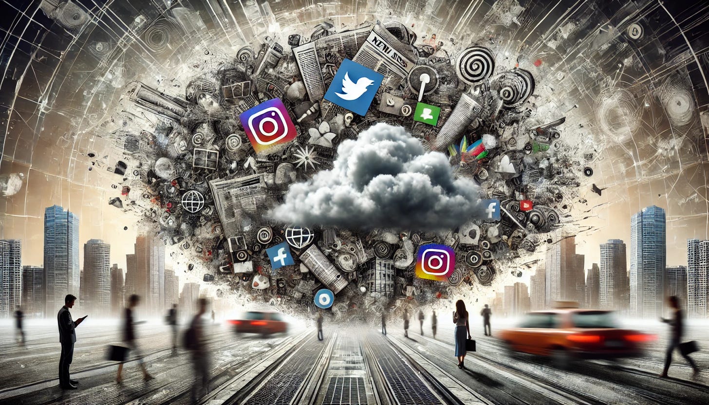 An abstract representation of disinformation, featuring a chaotic scene with distorted news articles and social media icons swirling in a dark cloud. The background is a modern cityscape, partially obscured by the cloud, with people looking confused and overwhelmed. The image should evoke a sense of confusion and chaos