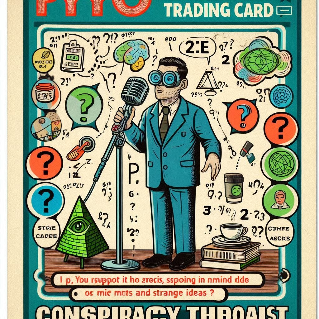 trading card called "psYOP TRADING CARD"  with a label of "conspiracy theorist" on a microphone spouting mind maps and numbers and strange ideas, question marks, coffee, and .  at the bottom "autohoax.com"