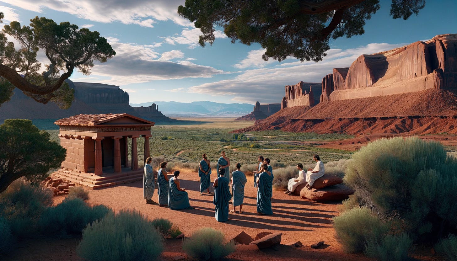 A serene and expansive desert landscape in Utah, filled with rugged red rock formations and sparse greenery under a clear blue sky. In the foreground, a group of individuals dressed in ancient Greek togas are gathered in a thoughtful discussion, embodying the essence of Stoic philosophers. They stand near a simple, classical Greek structure, reminiscent of a stoa, which provides a stark contrast to the natural surroundings. The scene captures the harmony between ancient philosophy and the timeless beauty of the natural world, blending elements of history and nature in a thought-provoking tableau.