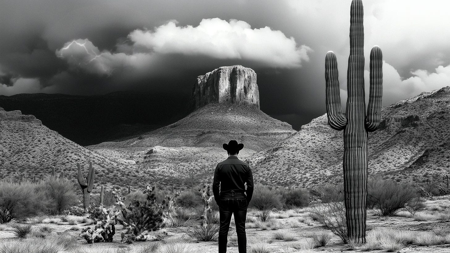 A black and white photograph shows a lone figure in cowboy attire viewed from behind, contemplating a dramatic Arizona desert landscape. A towering mesa formation dominates the center, framed by saguaro cacti and storm clouds. The stark monochromatic treatment and solitary stance capture themes of isolation and memory from "My Friend Billy," while the desert setting connects to the poem's Arizona references.