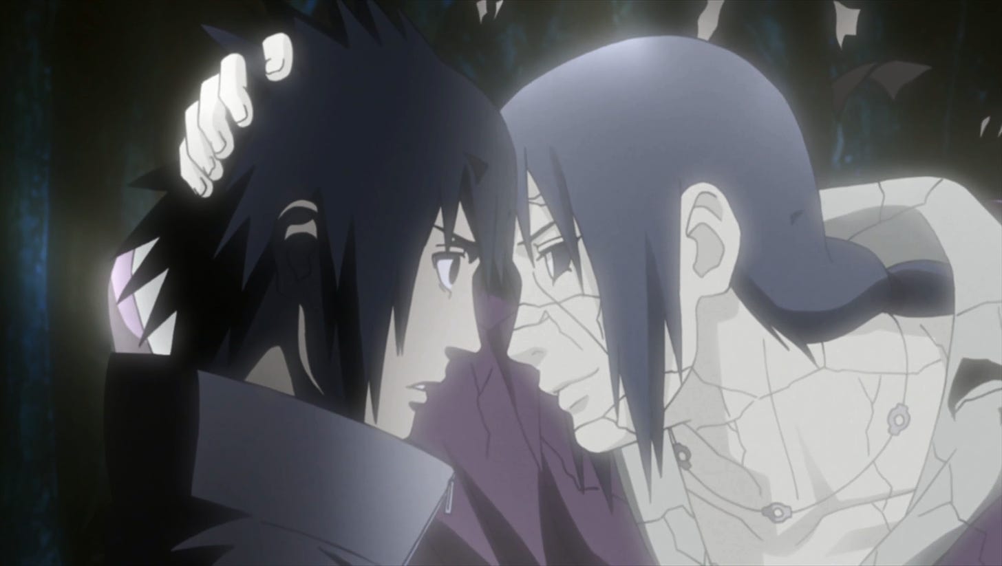 Itachi’s ghost puts his forehead to Sasuke’s (Naruto Shippuden, 2007)