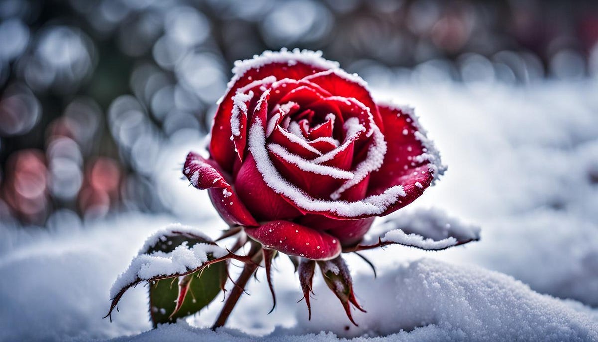 A frosted red rose in the snow