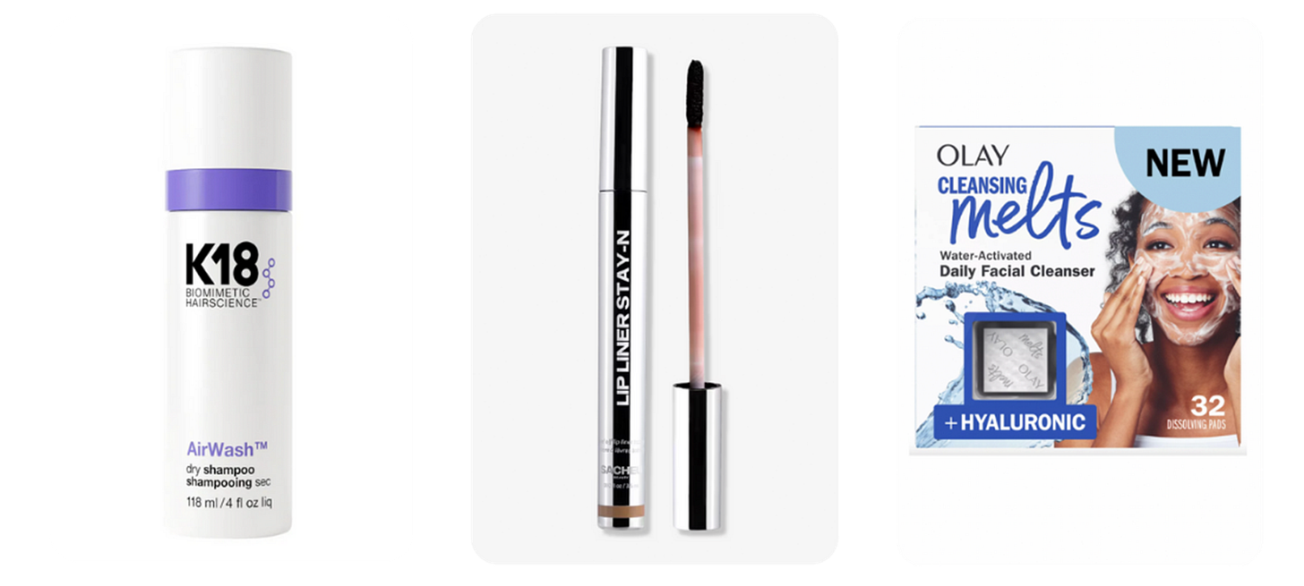 K18 Dry Shampoo, Sacheu lip stain, Olay face cleansing melts.