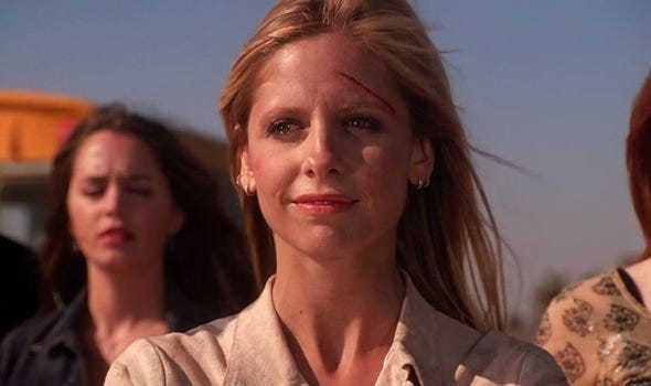 Buffy (Sarah Michelle Geller) looks emotionally upon the remains of Sunnydale in the final episode of Buffy the Vampire Slayer
