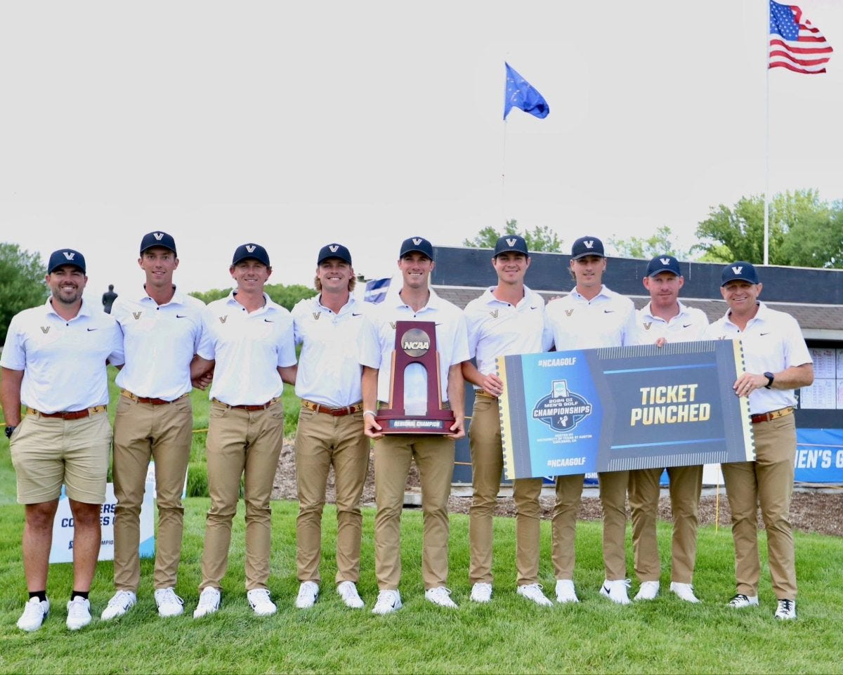 Vanderbilt+Mens+Golf+poses+with+its+NCAA+Regional+trophy+and+ticket%2C+as+photographed+on+May+15%2C+2024.+%28Vanderbilt+Athletics%29