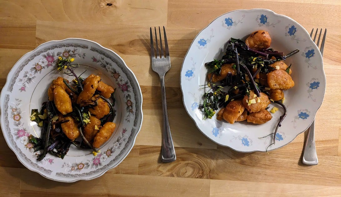 two bowls of butternut squash gnocchi and purple kale