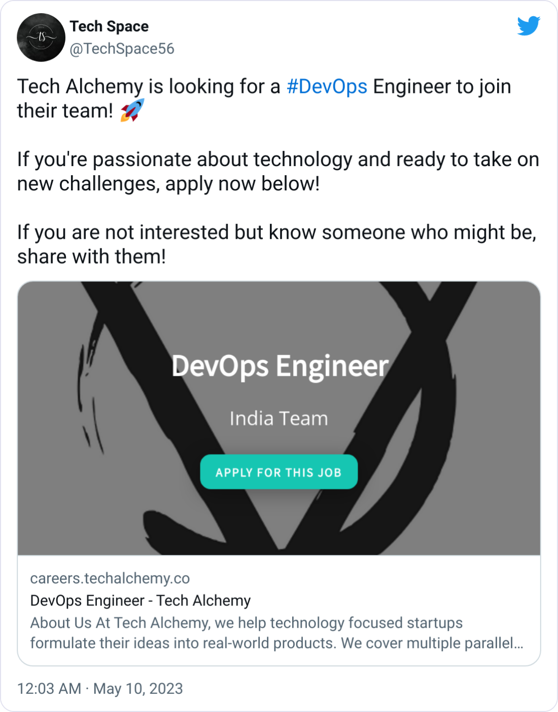  Tech Space @TechSpace56 Tech Alchemy is looking for a #DevOps Engineer to join their team! 🚀  If you're passionate about technology and ready to take on new challenges, apply now below!  If you are not interested but know someone who might be, share with them!