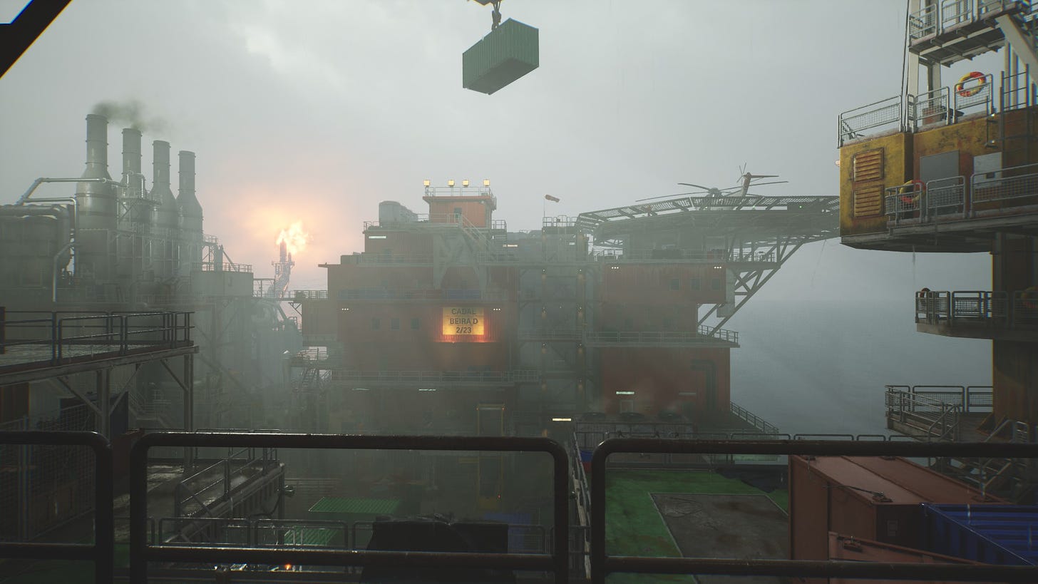 A screenshot of the deck area of the Beira D, showing the containers and narrow stairs and crane.