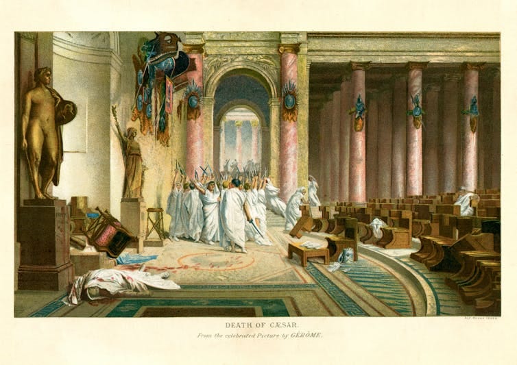 Vintage lithograph after Gerome, showing the death of Julius Caesar on the Ides of March 44BC, in the ancient Roman Senate. Vintage lithograph after Gerome, showing the death of Julius Caesar on the Ides of March 44BC, in the ancient Roman Senate.
