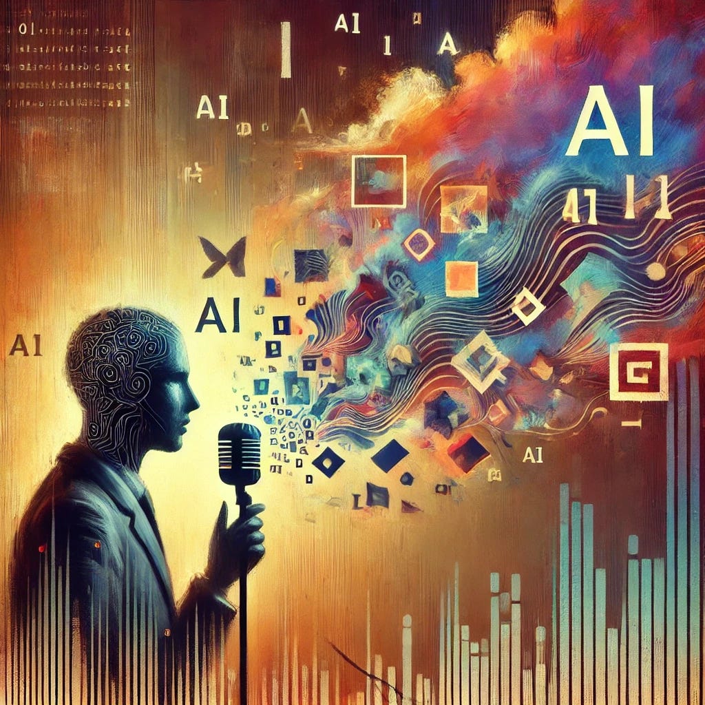 A surreal digital illustration of a person speaking into a microphone, but their words dissolve into abstract symbols and glitch-like patterns before reaching an AI-like machine. The AI, depicted as a sleek but faceless entity, processes these broken symbols into unreadable text. The background is a blend of warm and cool tones, evoking a sense of dissonance and miscommunication. The image should feel thought-provoking, artistic, and slightly futuristic.