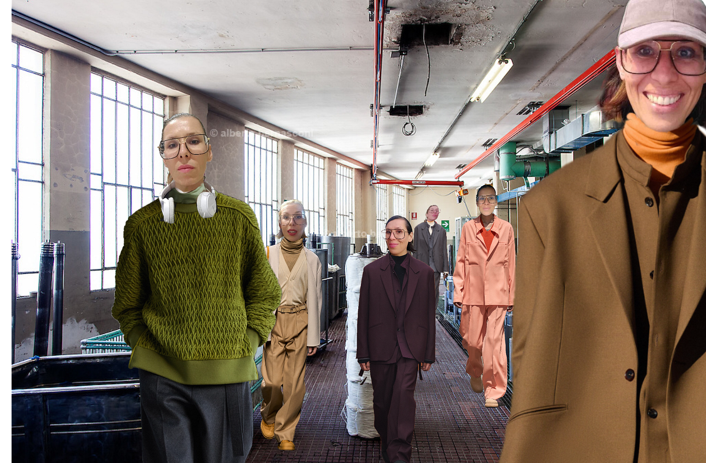 A collage of my fave on six different looks by zegna. The image shows me posing in various places in a workshop on the Zegna factory. Each look has a different colour, tobacco brown, moss green, beige and vanilla, aubergine, coral and grey at the back.