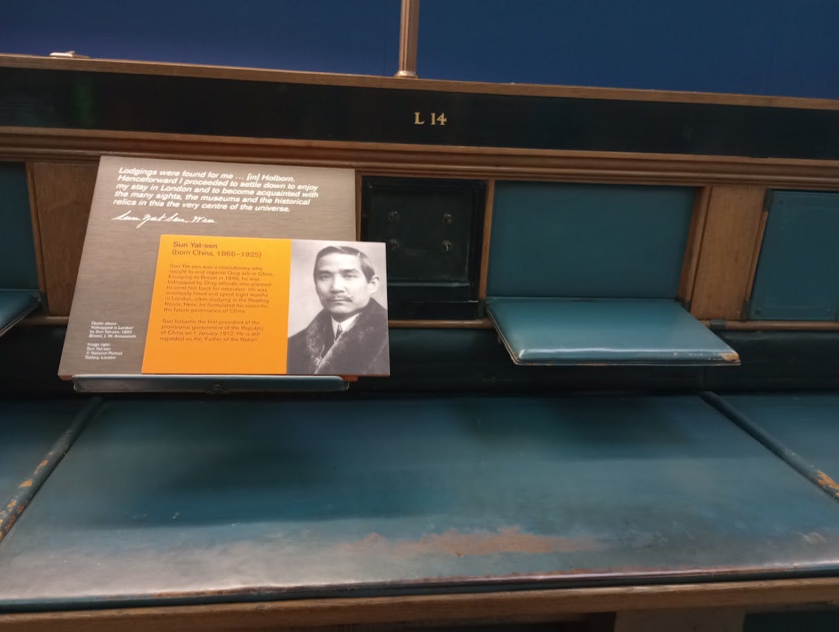 Carrel with info panel featuring photo of Sun Yat-sen, quote from him, and brief info about him