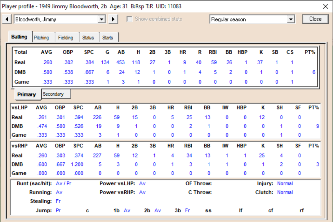 Diamond Mind Baseball Jimmy Bloodworth Stats