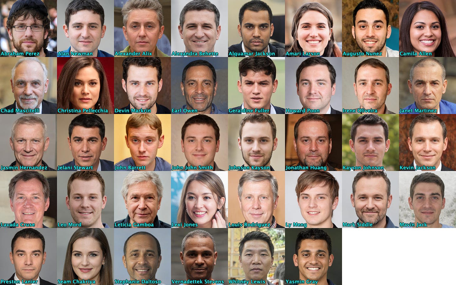 the profile photos of the 38 accounts in the network, all GAN-generated faces
