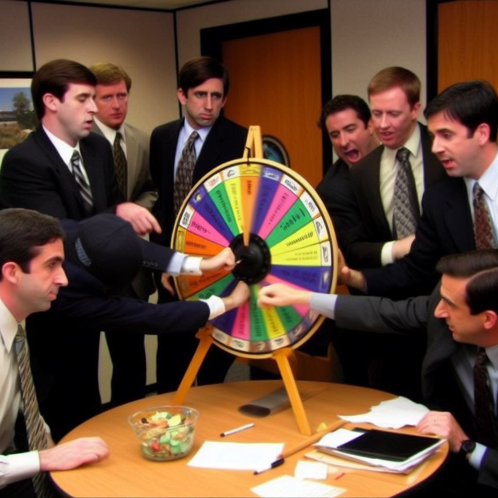 Create a meme from the TV show office where the characters are spinning a wheel of fortune in a boardroom